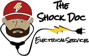 Cartoon electrician with lightning bolt logo.